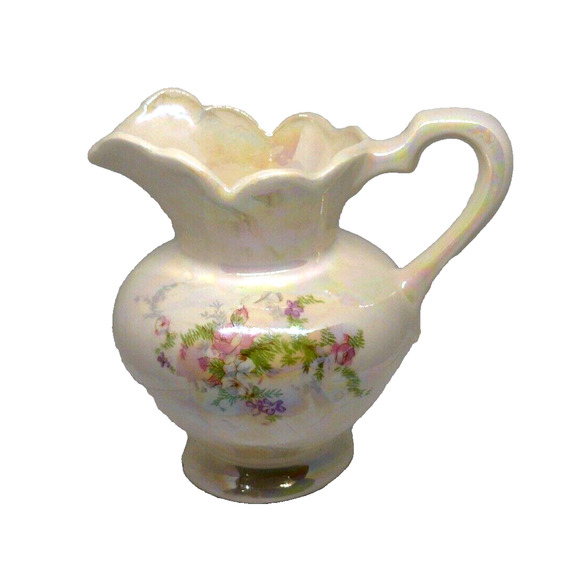 Opalescent 5 7/8" Small Porcelain Pink Roses Vanity Pitcher & Wash Basin Set Vtg - Picture 6 of 12